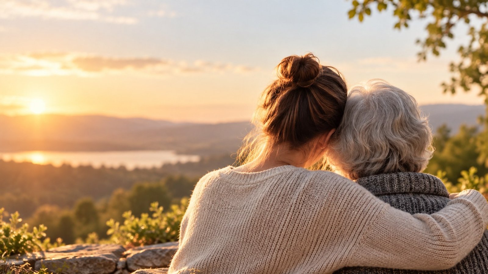 A younger and older family member sharing a quiet moment outdoors